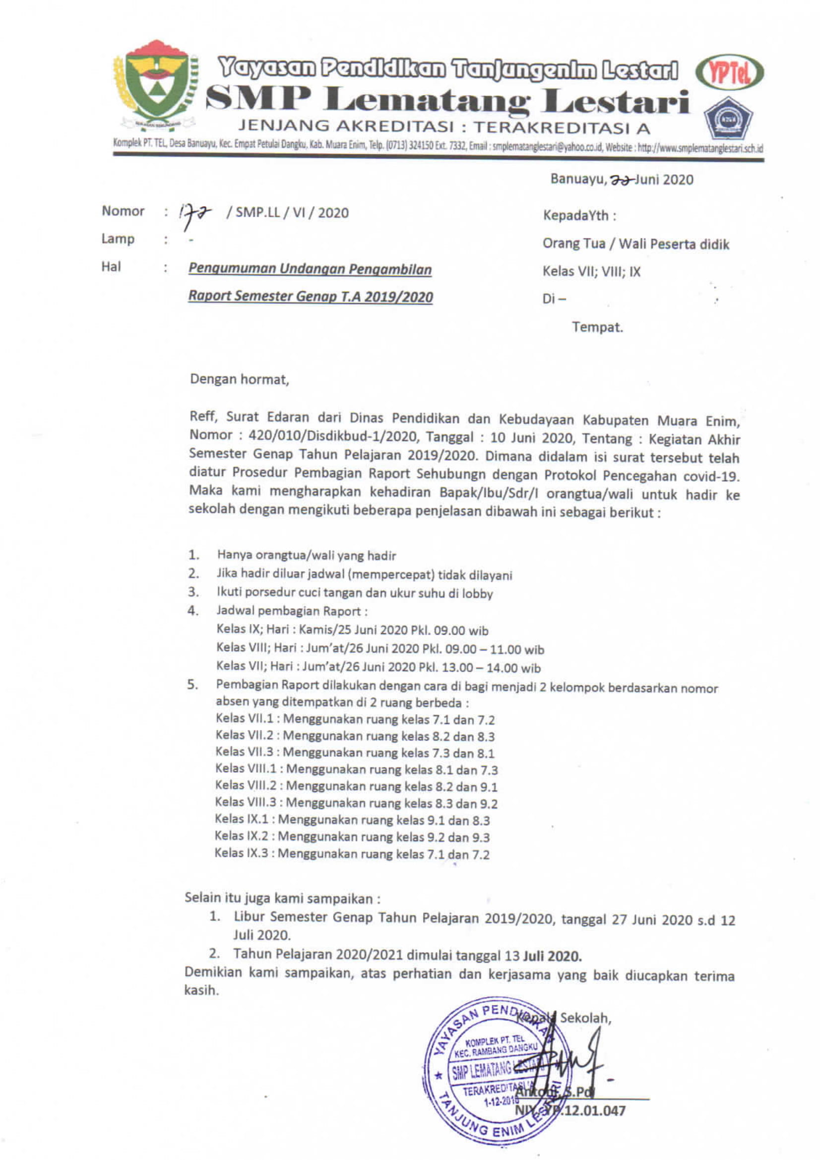 Undangan Pembagian Raport Tahun Pelajaran 2019/2020 SMP